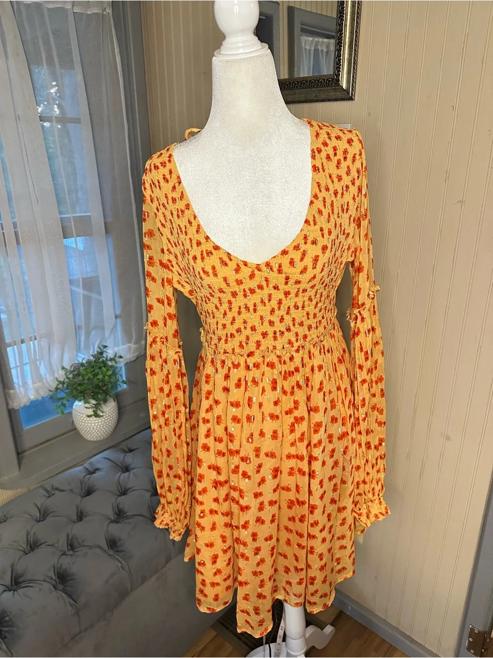 Free People M Golden Orange Floral Mini Dress Smocked Metallic Long Sleeve Boho